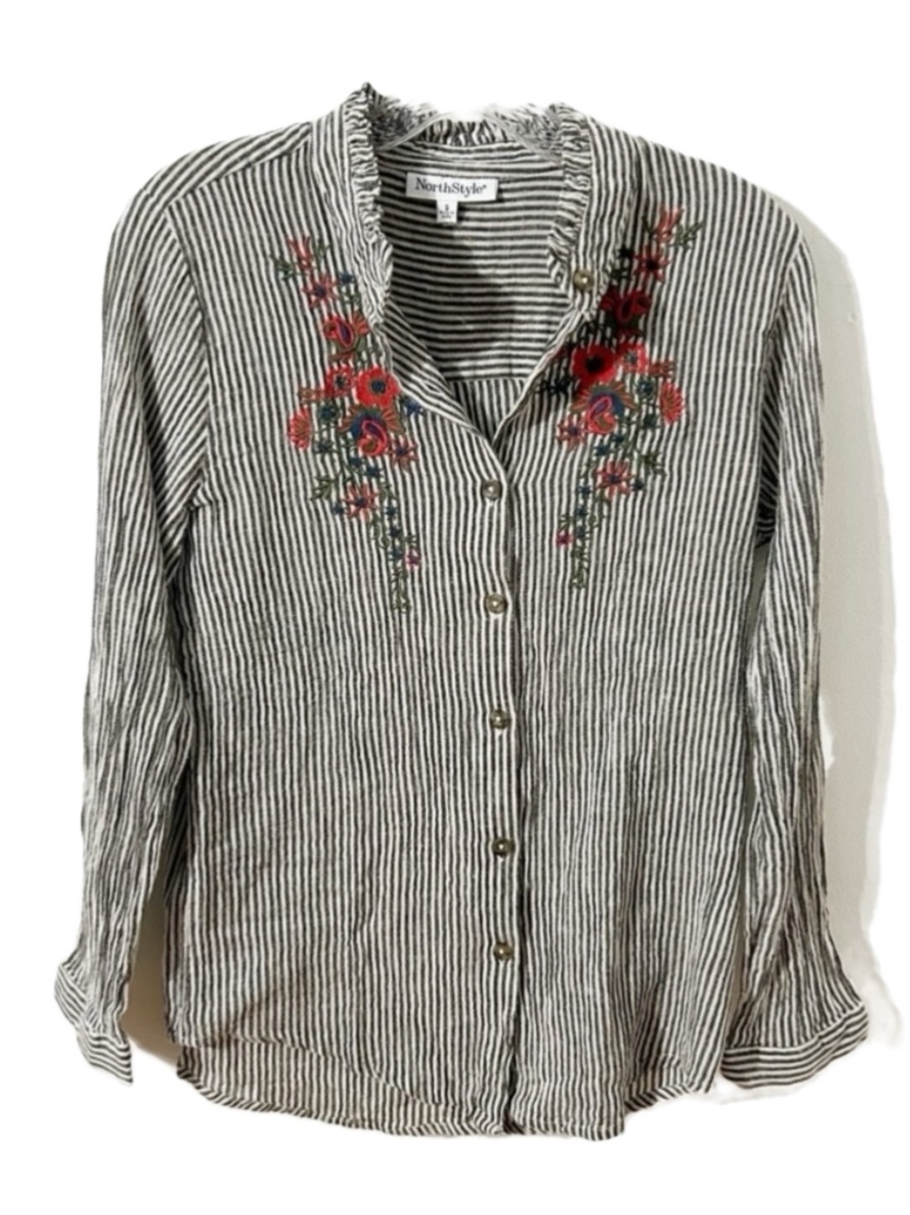 NorthStyle Cotton Linen Button Front Striped Blouse Floral Embroidery Size Small